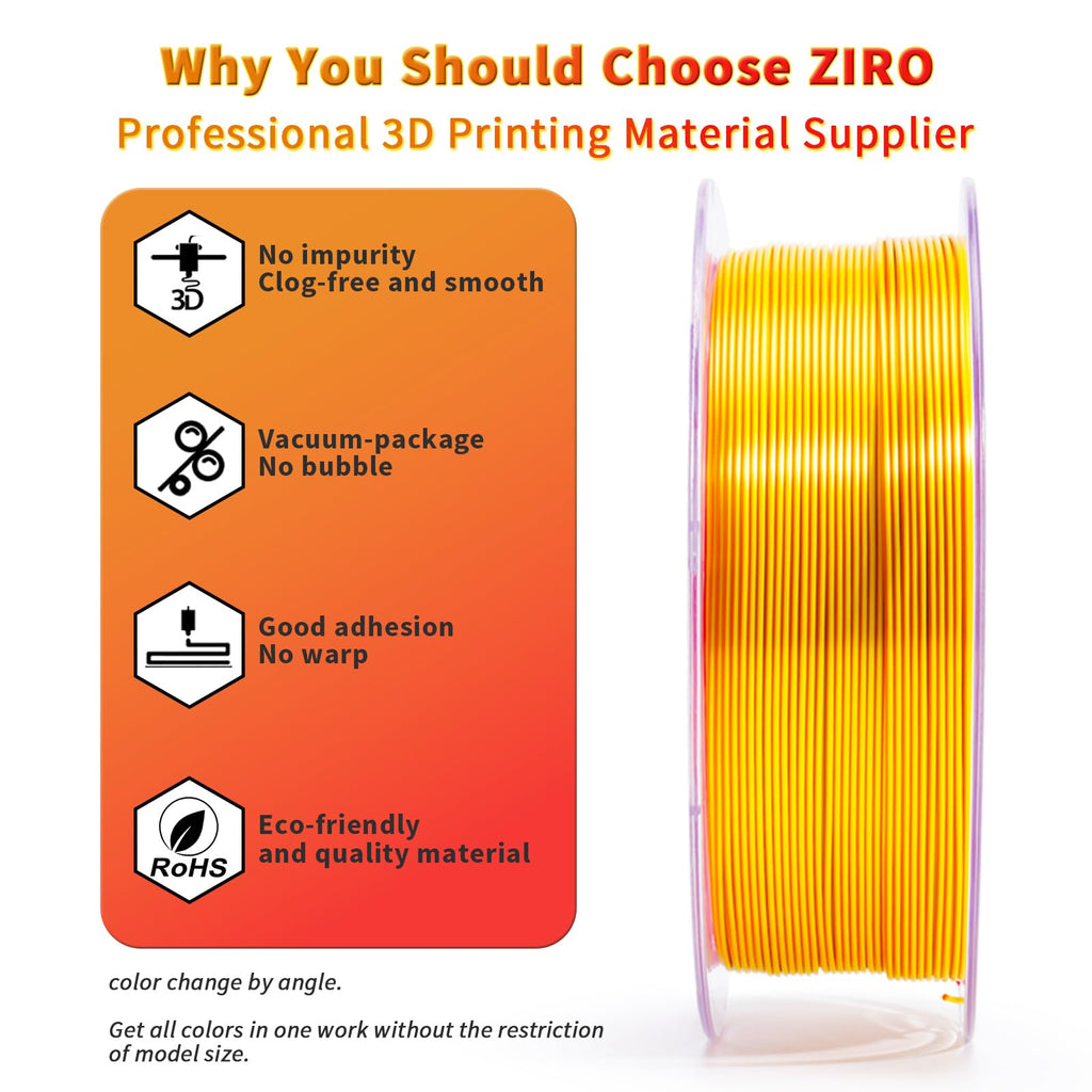 ZIRO Dual Color PLA Filament, Silk Coextrusion 3D Printer Filament 1.75mm, Fit for Most 3D Printers Pen, Shine Multicolor PLA Material,1KG Spool, Red and Gold (Silky)