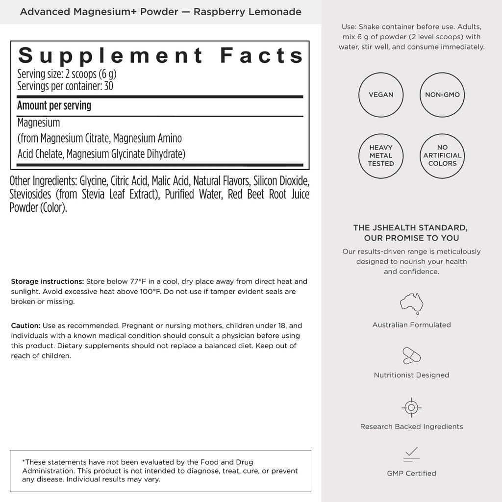 JSHealth Magnesium Powder for Sleep. 400mg Triple-Form Glycinate, Citrate, Amino Acid Chelate. Raspberry Lemonade. By Nutritionist Jessica Sepel (30 Servings) - Raspberry Lemonade
