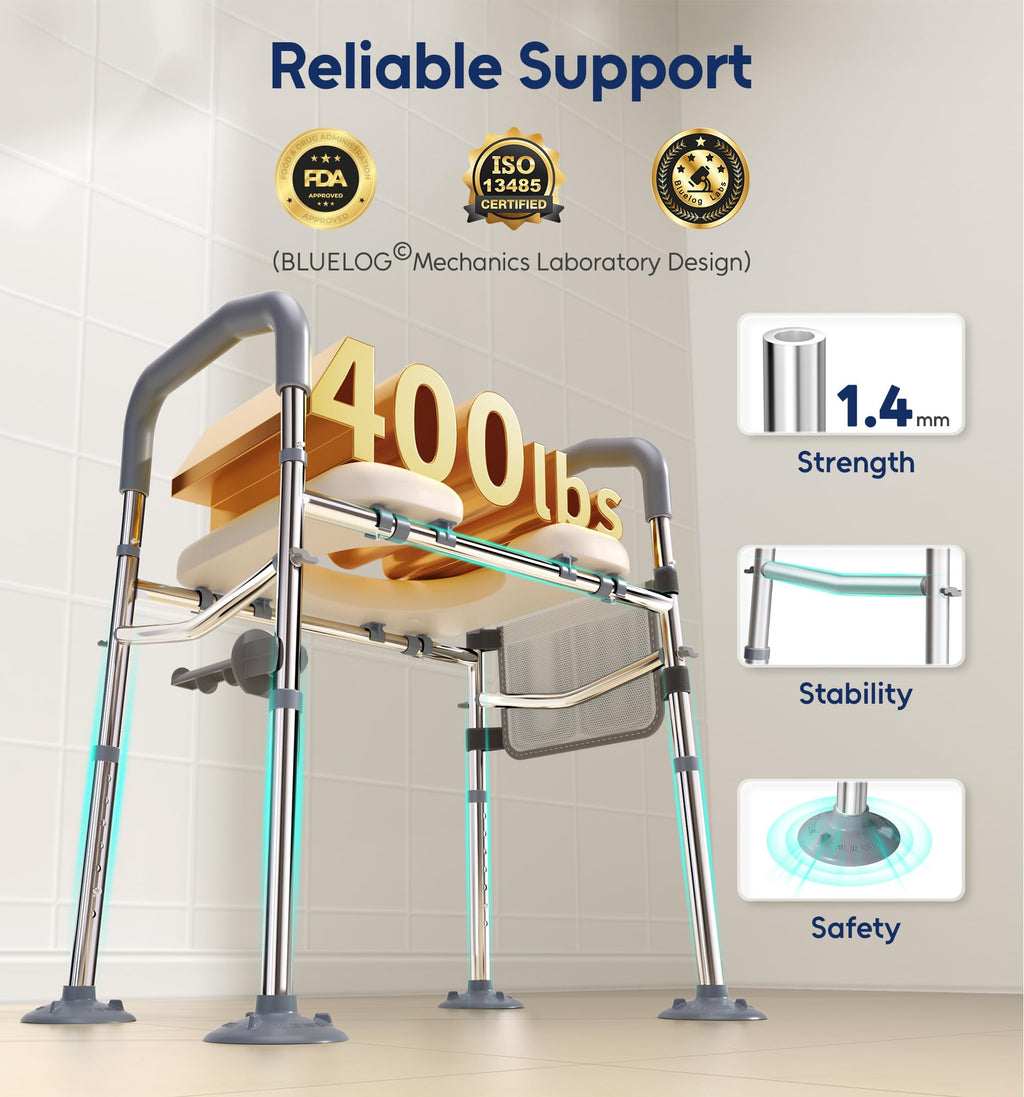Bluelog Raised Toilet Seat with Handles, Width & Height Adjustable Toilet Seat Risers for Seniors, Heavy Duty 400lbs Elevated Toilet Seat for Elderly, Pregnant, Handicap, Fit Any Toilet