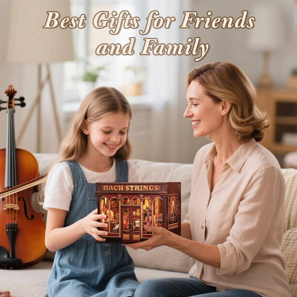 CUTEBEE Book Nook Kit - DIY Miniature House Dollhouse Kit for Adult and Teens, Booknook Bookshelf Decor Alley Model Build with LED Light, Gifts for Family and Friends (Bach Strings)