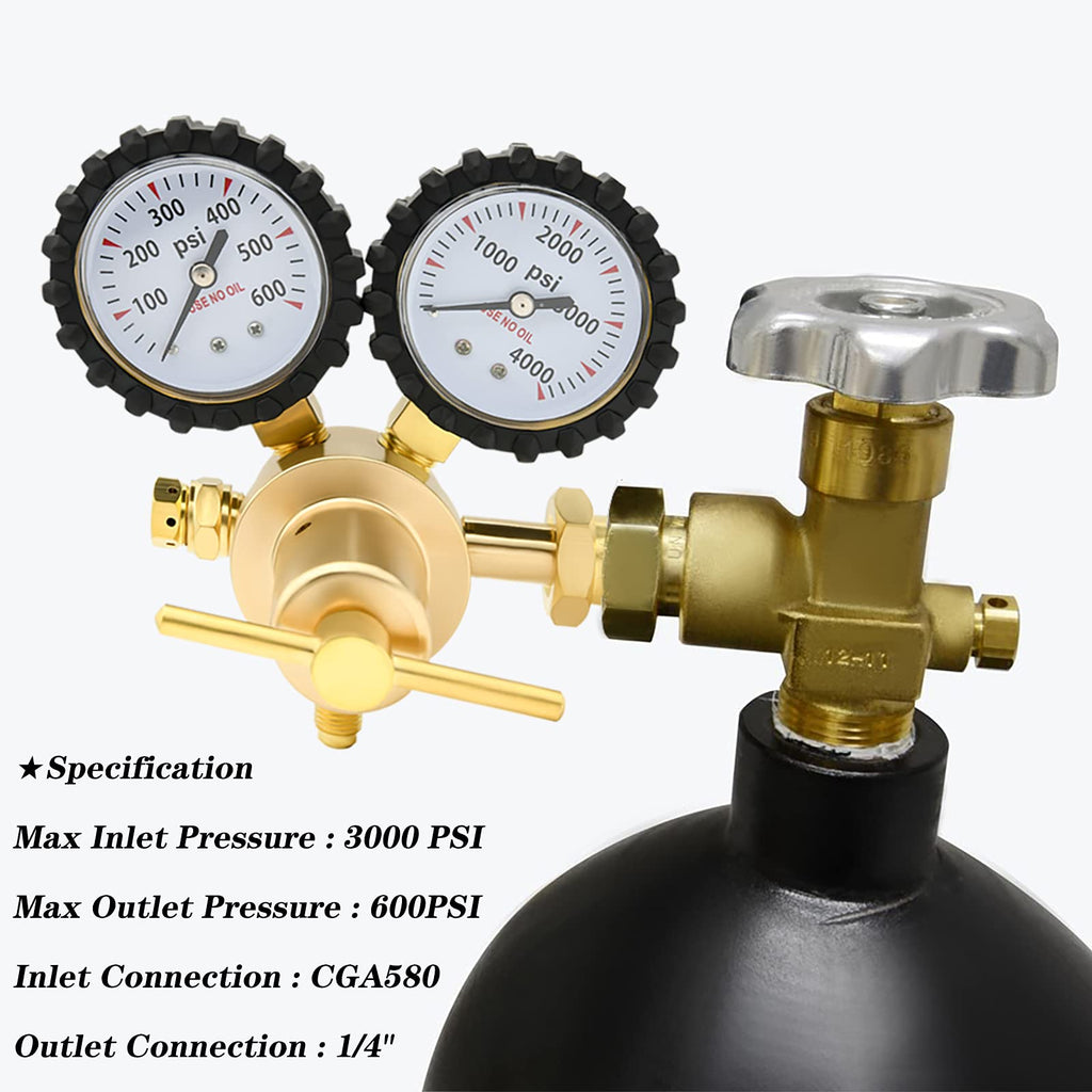 Nitrogen Regulator 0-600PSI CGA580 Inlet, 1/4-Inch Male Flare Outlet Connection,Heavy-Duty Handle,Self-reseating Relief Valve,Nitrogen Tank Regulator