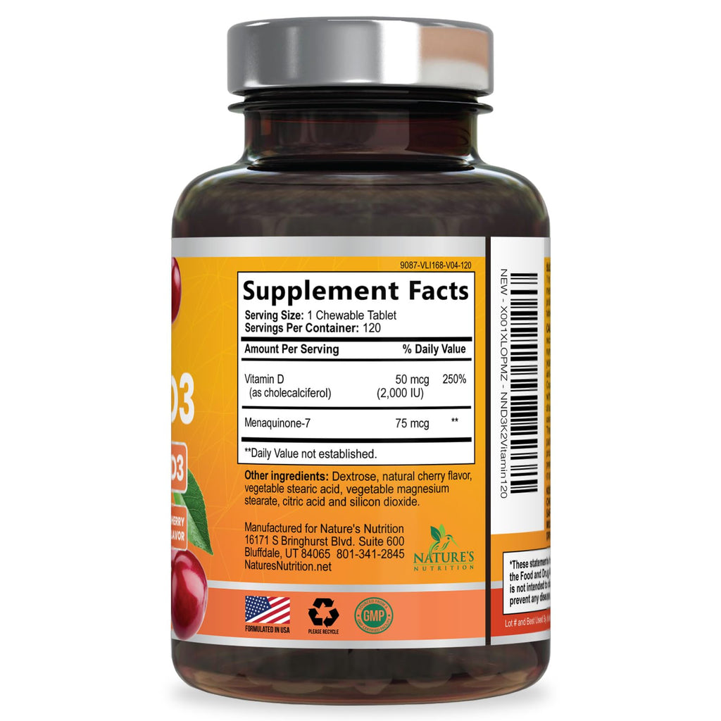 Vitamin D3 2000 IU 50mcg Per Serving - Vitamins D & K2 (MK7) Complex Supplement for Bone, Teeth, Muscle, Calcium Absorption, Supports Immune & Heart Health, Chewable Formula USA Bottled - 120 Tablets
