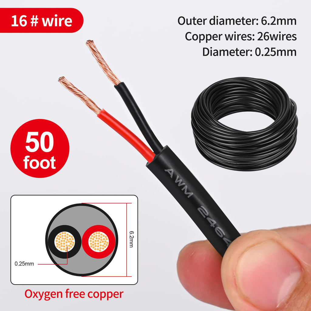 16 Gauge Electrical Wire 2 Conductor, 16 AWG Stranded PVC Oxygen-Free Copper Cable, 50FT 2 Core Flexible Extension Power Cord for Auto, LED Lamp Lighting Strips, Automotive