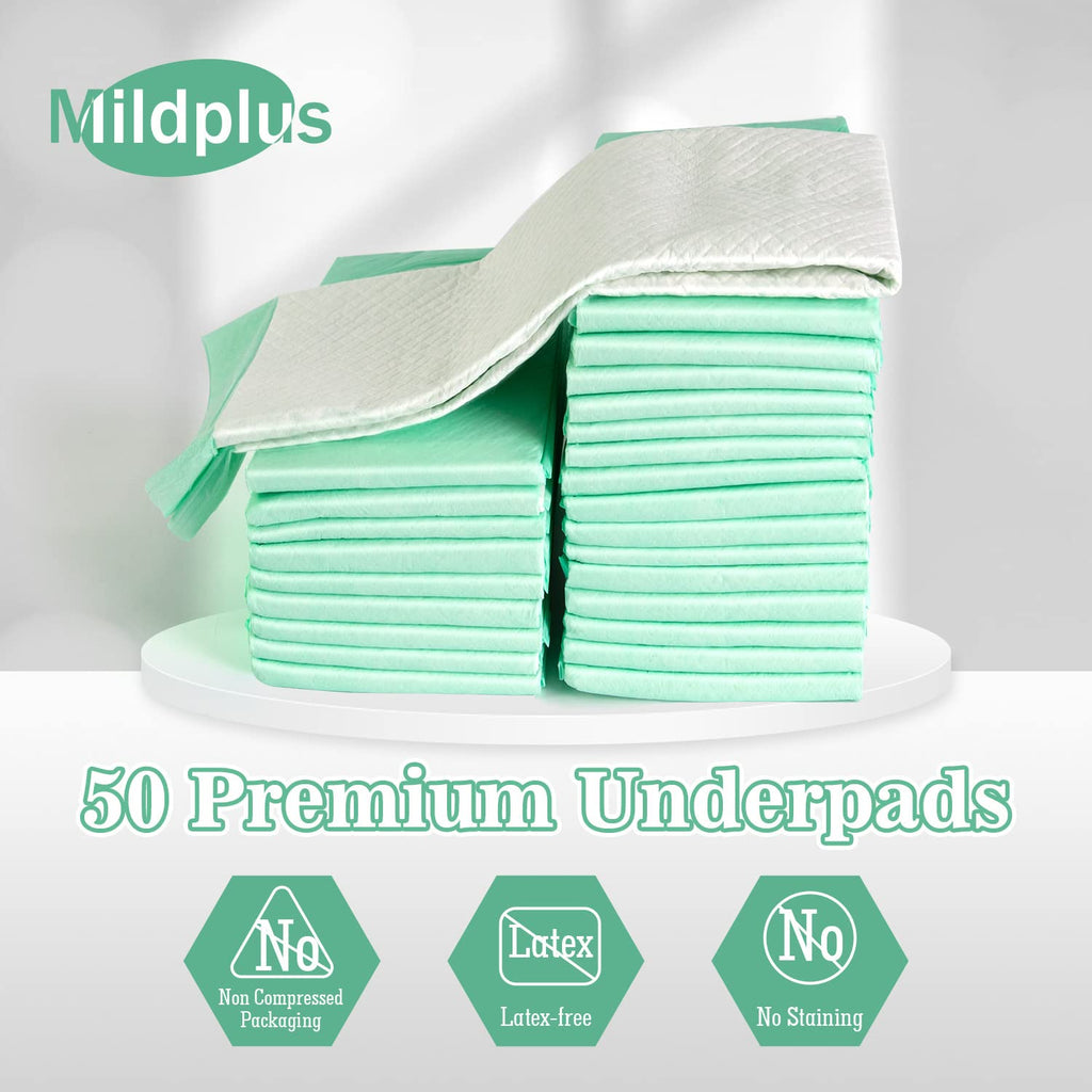 MILDPLUS Disposable Bed Pads 30“x36”, 50 Count Extra Large Underpads , Heavy Duty Absorbent Bed Pads for Adult Incontinence, Senior Care, Kids & Puppy Training Pads (No Adhesive)