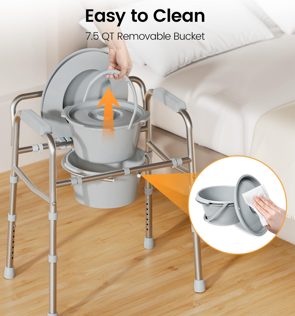 Soundfuse 3 in 1 Bedside Commode Chair, Sturdy Dual-Crossbar Support, 350 Lbs Weight Capacity, Bedside Commode for Seniors with 7.5Qt Bucket, Portable Potty Chair for Adults, Silver