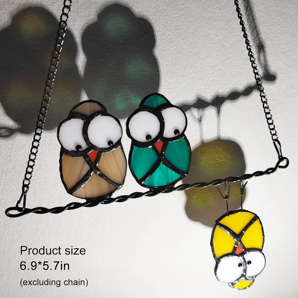 Multicolor Owls on a Wire Suncatcher Panel Stained Glass Window Hanging