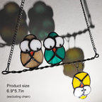 Multicolor Owls on a Wire Suncatcher Panel Stained Glass Window Hanging