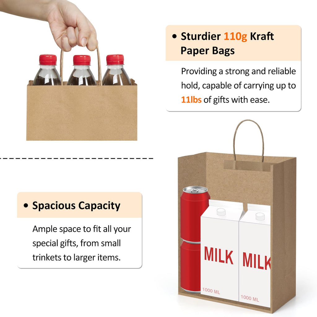 BagDream Kraft Paper Bags with Handles 10x5x13 Inch Brown 50 Pack Bulk