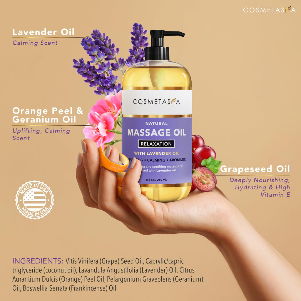 Cosmetasa Luxury Spa Treatment Gift Set - Relaxation, Nourish and Sore Muscle Massage Oil with Hot Stones, Roller Ball and Thumb Saver Massage Tools