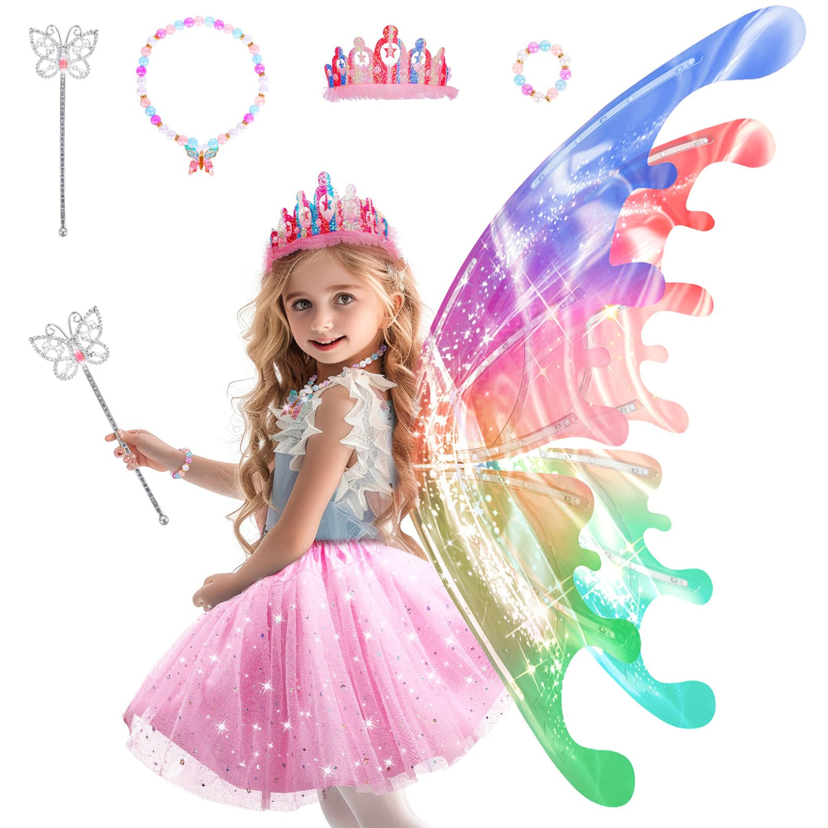 Princess Dress up Costume with Electric Fairy Wings for Girls 3-8, Light Up Moving Butterfly Wings with LED Lights&Music, Christmas Birthday Gift Princess Dresses with Crown/Wand/Bracelets/Necklaces