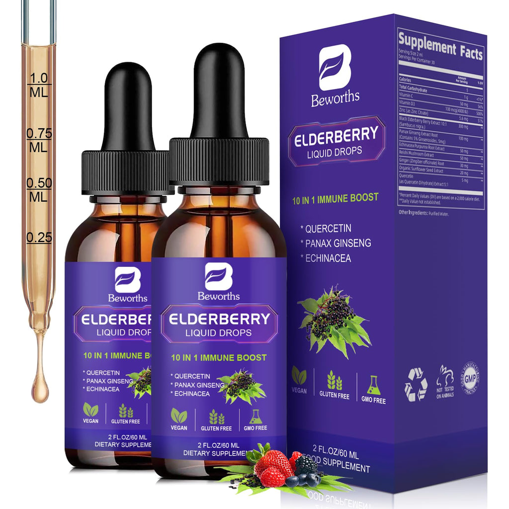 B BEWORTHS 2 Pack Elderberry Syrup, Black Elderberry Drops with Quercetin, Panax Ginseng, Vitamin C and Zinc, Sambucus Elderberry Syrup Liquid for Immune Support, Vegan, Non-GMO & Gluten Free