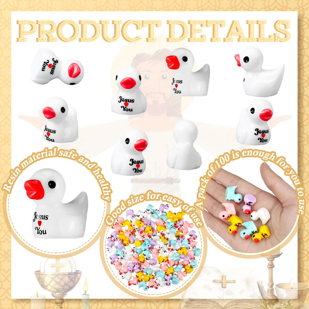 Suzile 100 Pcs Mini Jesus Resin Ducks Little Figures Bulk Jesus Loves You Christian Mini Duck Figures Duckies to Hide and Seek Religious Party Decoration for Church Baptism Sunday Reward Gifts