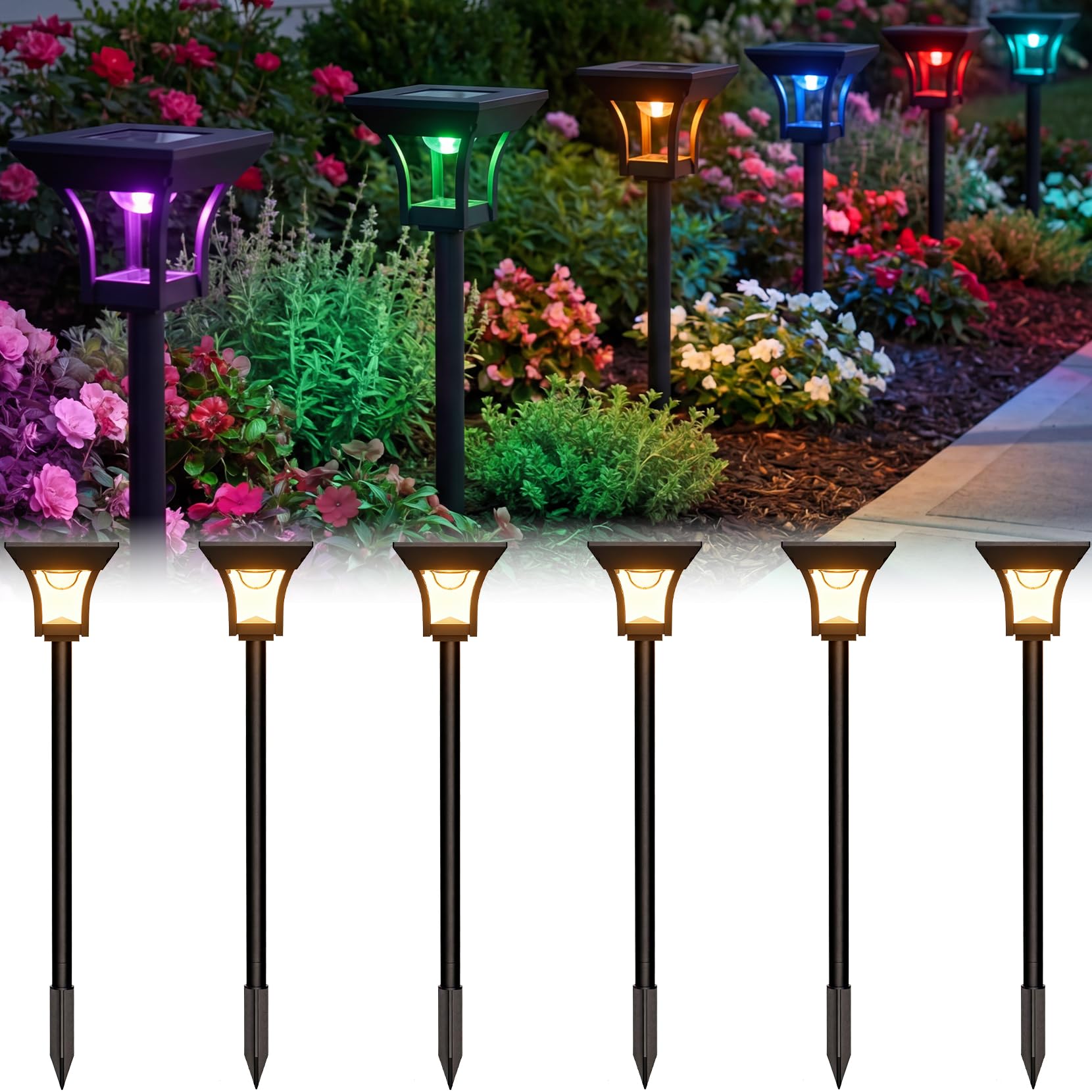 CINOTON 6 Pack RGBCW Solar Pathway Outdoor Lights, 3 Lighting Modes Solar LED Garden Light, IP65 Waterproof Outside Solar Powered Landscape Lighting for Patio Walkway Yard Driveway RGB/Warm/Cold White