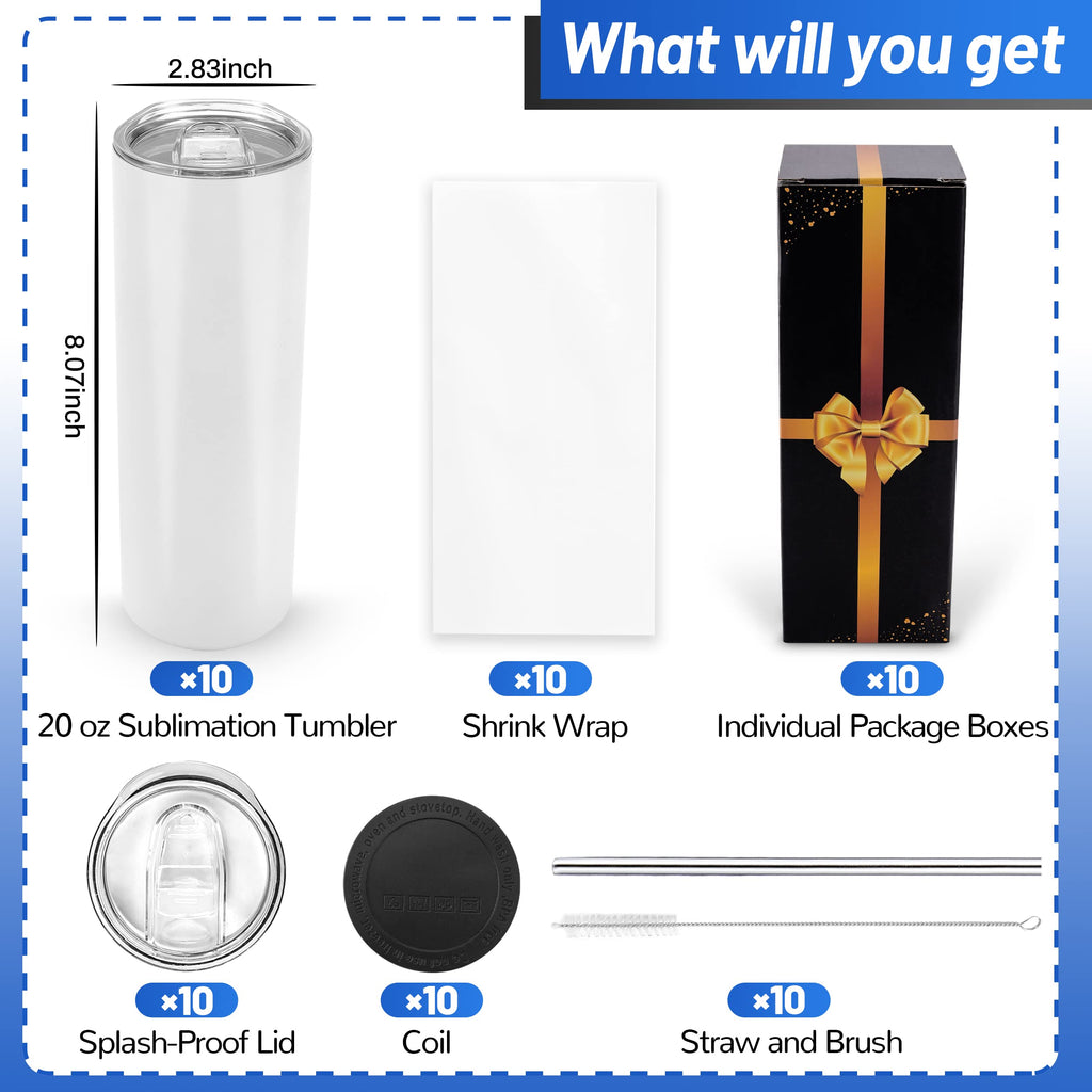 Joyclub Sublimation Blanks 20 oz Tumblers Bulk 10 Pack Skinny Straight