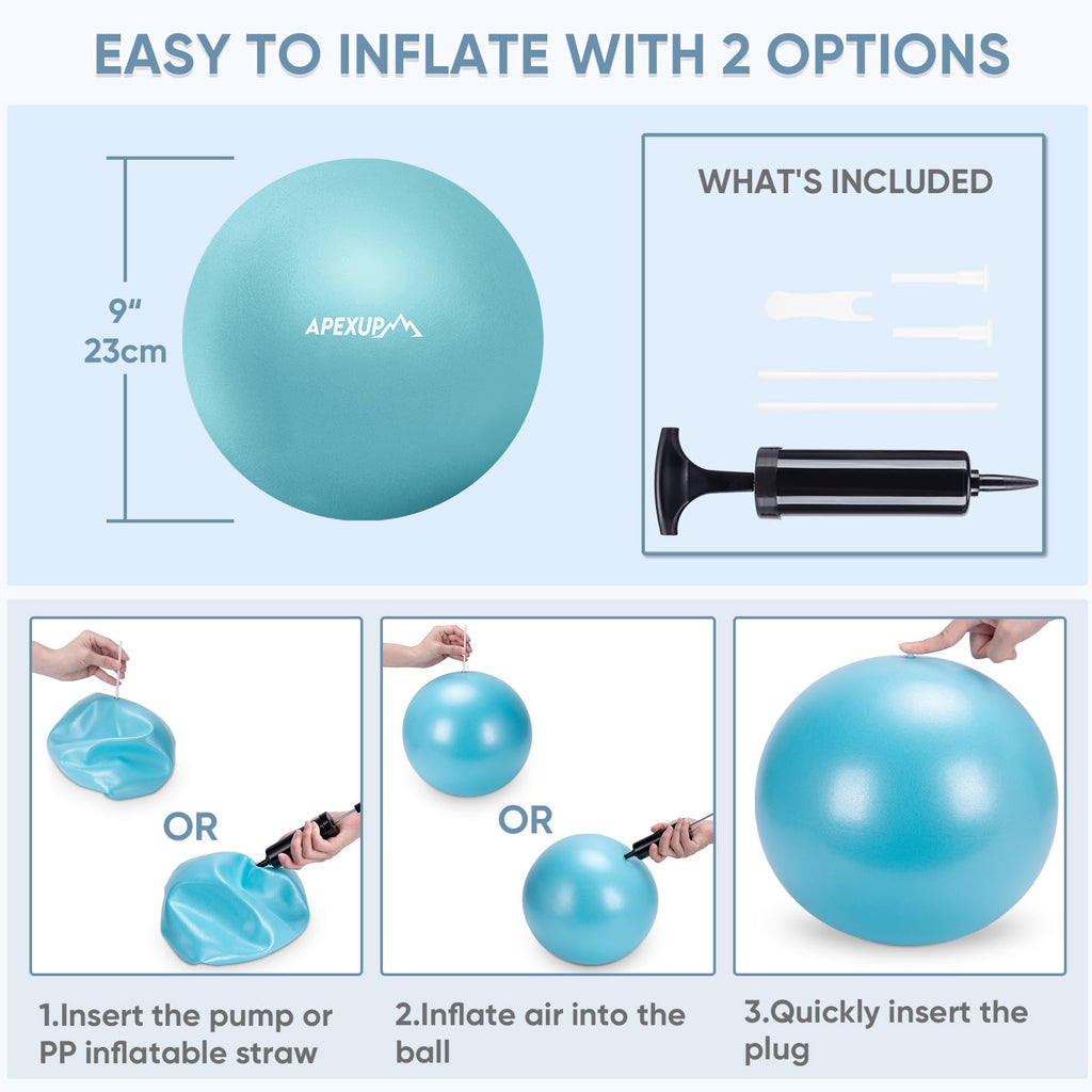 APEXUP Yoga Ball Exercise Ball, Heavy Duty Pilates Ball for Fitness, Balance, Core Workout, Physical Therapy (XXS (9") 23cm, Light Blue)