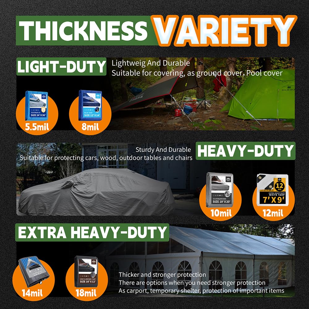RAINDEWAY 8x10 Feet Tarps Heavy Duty Waterproof,10Mil Thick Multipurpose Poly Tarp Cover with Metal Grommets and Reinforced Edges,Silver/Brown Tarp