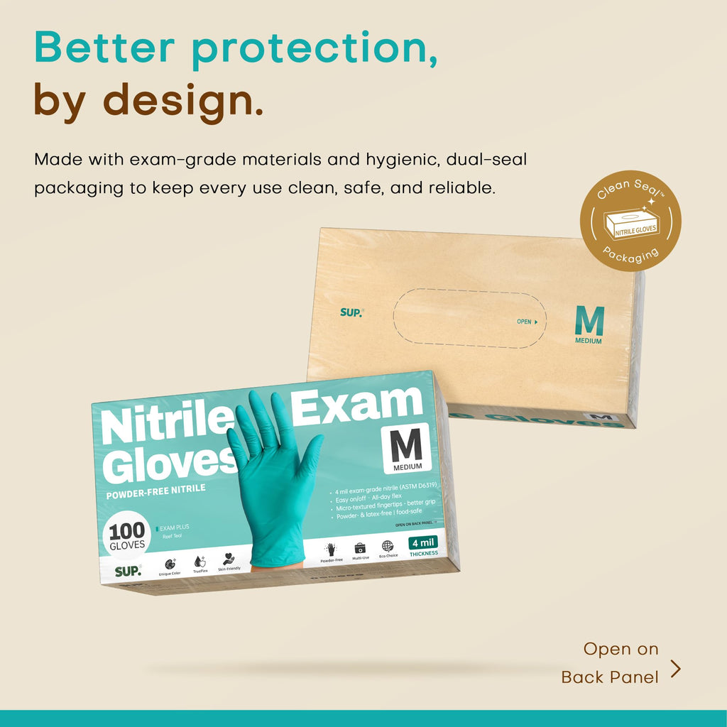 SUP Powder-Free Nitrile Exam Gloves, 100 Count Food Safe Latex-Free Disposable Gloves for Medical Cooking Cleaning Food Prep, Teal (Medium)