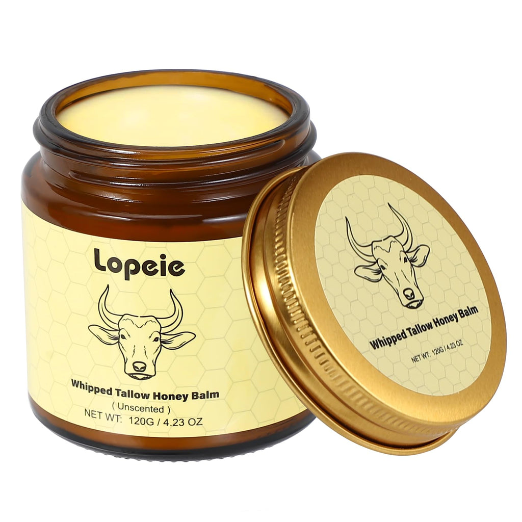 Lopeie Beef Tallow for Skin - Organic Grass Fed Whipped Moisturizer with Honey Balm, Natural Hydrating Cream for Face & Body, Relief for Dry & Sensitive Skin (4.23oz, Unscented)