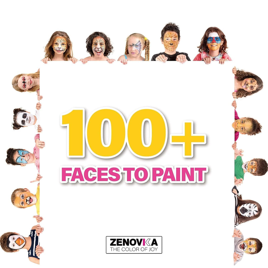 Zenovika Face Painting Kit for Kids - 28 Colors with 5 Metallics & 3 Blacklight Neons, 60 Reusable Stencils & 39-Design Book, Water Activated Face Paint, Washes Off with Soap & Water, Halloween