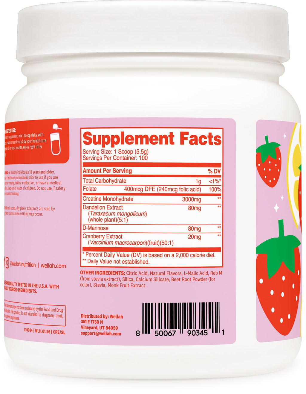 Wellah Creatine for Women - Creatine Monohydrate with Dandelion & Cranberry Extract (100 Servings, Strawberry Lemonade)