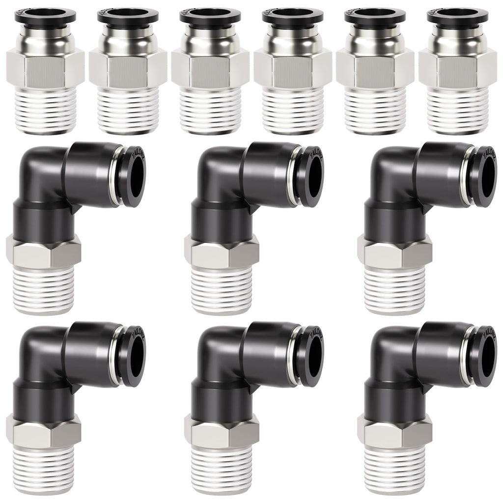 TAILONZ 1/4" x 1/8" NPT Push to Connect Straight & Elbow Fitting Kit 12Pcs