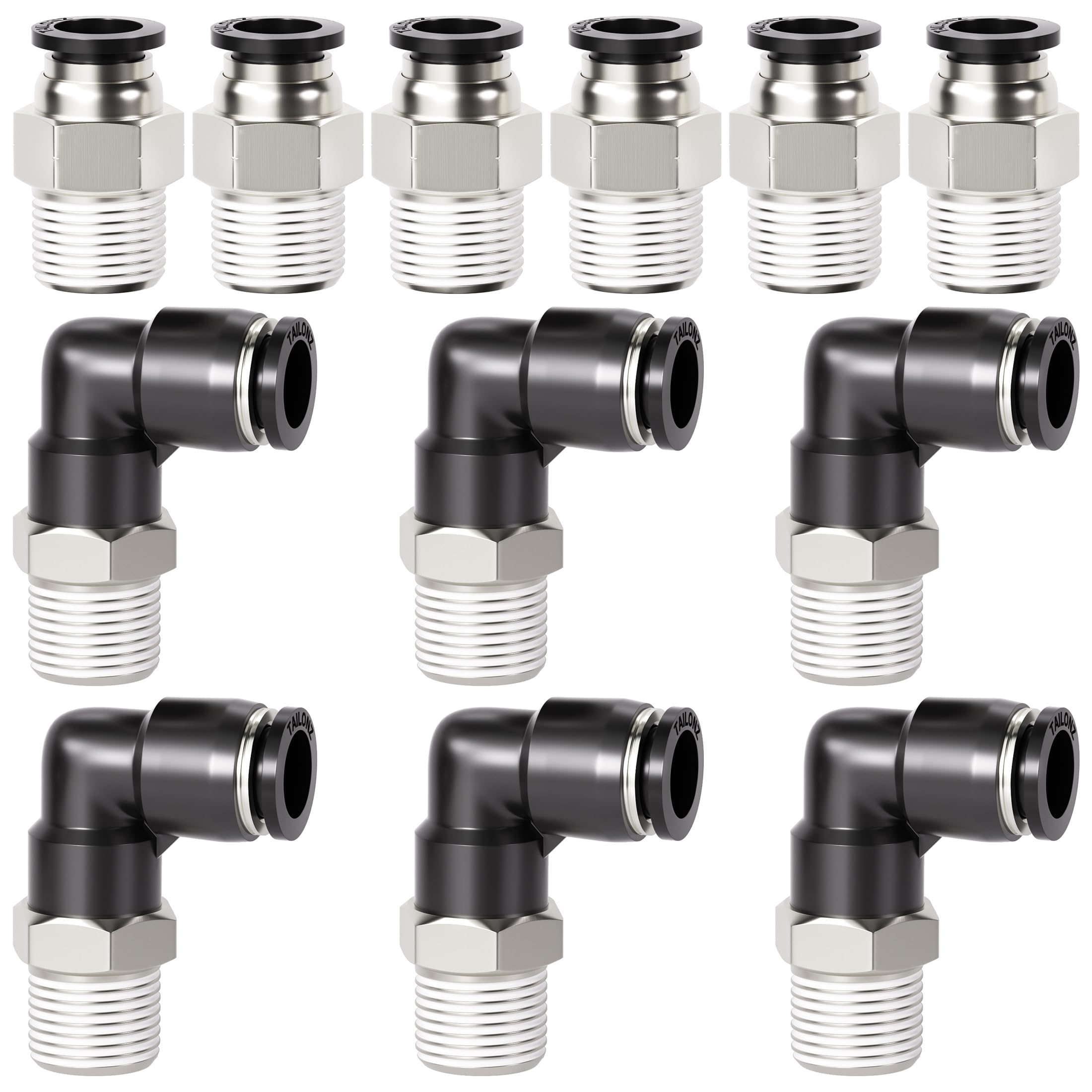TAILONZ 1/4" x 1/8" NPT Push to Connect Straight & Elbow Fitting Kit 12Pcs