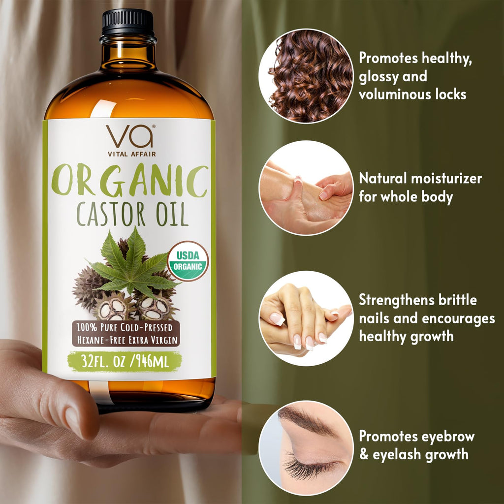 VITAL AFFAIR Pure Organic Castor Oil 946 Ml(32 Oz)- Cold Pressed, Unrefined, USDA Certified Organic - Glass Bottle for Hair Growth, Eyelashes, Eyebrows, Face