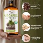 VITAL AFFAIR Pure Organic Castor Oil 946 Ml(32 Oz)- Cold Pressed, Unrefined, USDA Certified Organic - Glass Bottle for Hair Growth, Eyelashes, Eyebrows, Face