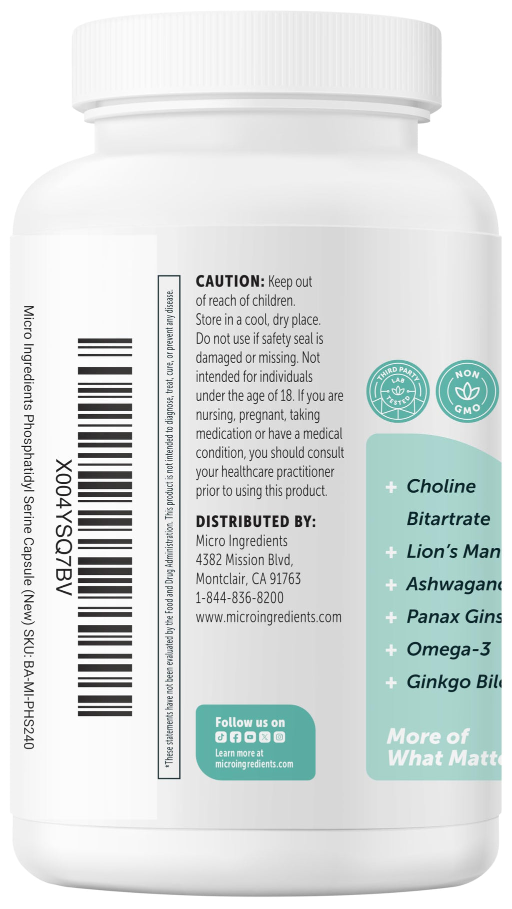 Micro Ingredients Phosphatidylserine 600 mg Per Serving, 240 Capsules | Soy Free Phosphatidylserine Supplement with Choline, Lion’s Mane, Ginkgo & Omega-3 | Non-GMO, Gluten Free