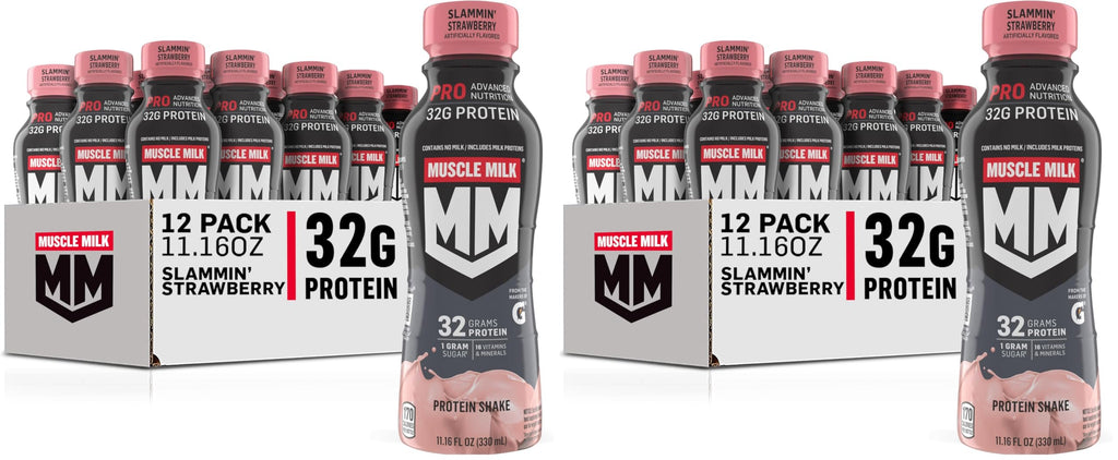 Muscle Milk Pro Advanced Nutrition Protein Shake, Slammin' Strawberry, 11.16 Fl Oz, 32g Protein, 1g Sugar, 16 Vitamins & Minerals, 5g Fiber, Bottled Liquid, Gluten Free, (Pack of 24)