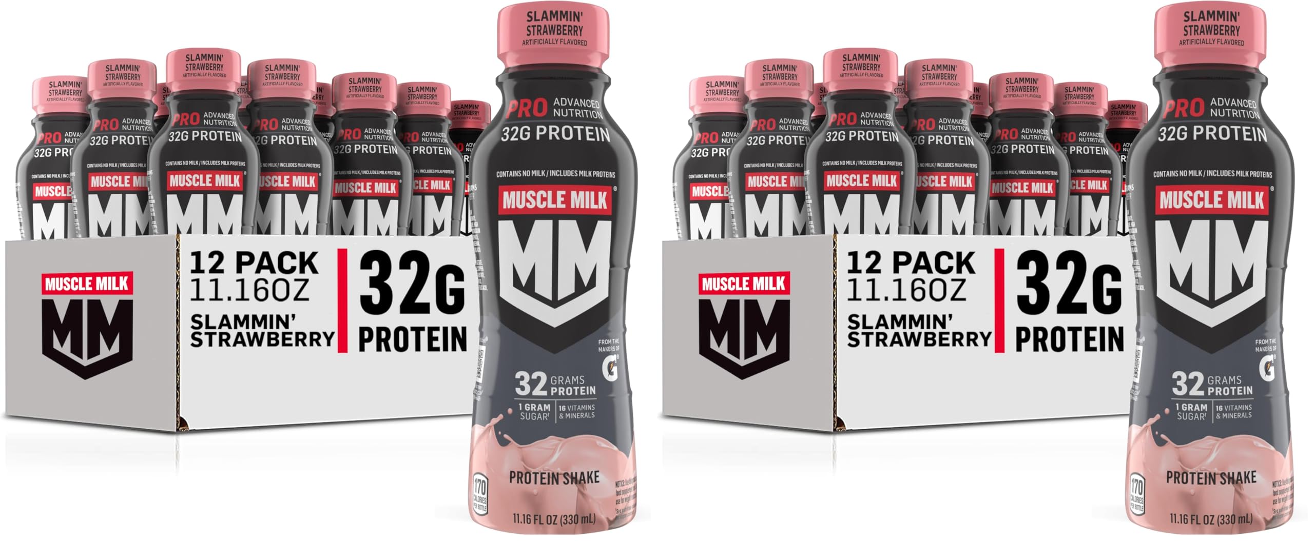 Muscle Milk Pro Advanced Nutrition Protein Shake, Slammin' Strawberry, 11.16 Fl Oz, 32g Protein, 1g Sugar, 16 Vitamins & Minerals, 5g Fiber, Bottled Liquid, Gluten Free, (Pack of 24)