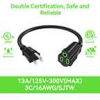 Power Extension Cord 15FT, 3 Prong Grounded Electric Extension Cable Outlet Saver, Single Outlet, Outside, Heavy Duty, Waterproof, Flexible, 16AWG, SJTW, 13A 125V, Outdoor & Indoor Power Wire (Black)