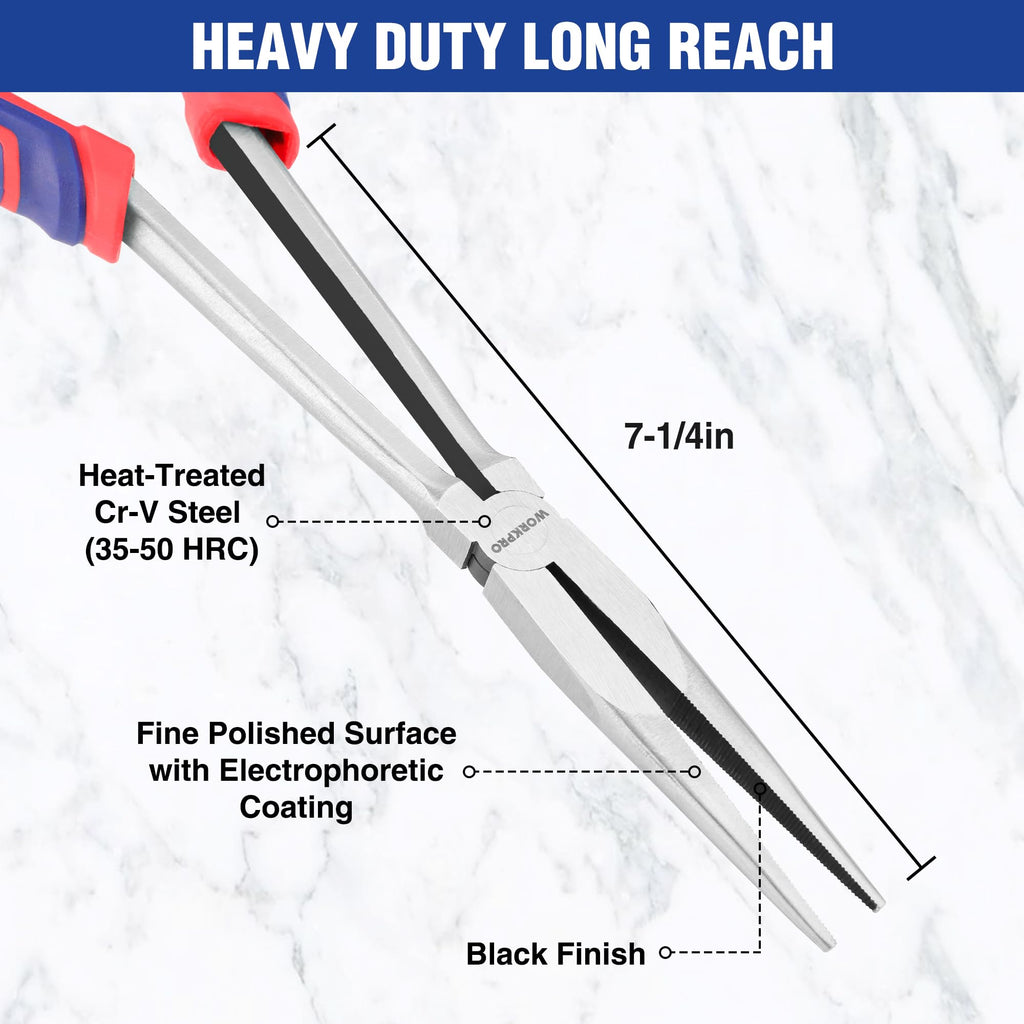 WORKPRO Premium 11” Extra Long Needle Nose Pliers, Paper Clamp Precision, Heavy-Duty CRV Steel, Soft Grip