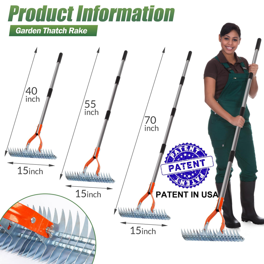 Thatch Rake for Lawn with Adjustable Handle Heavy Duty Steel Lawn Rake