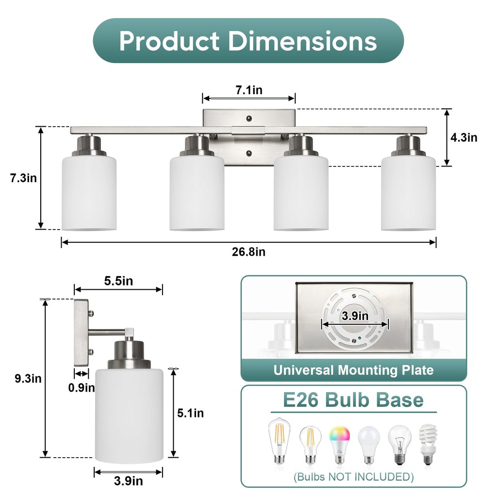Ascher Bathroom Light Fixtures, 4-Light Vanity Light Over Mirror, Brushed Nickel Wall Sconces with Milky White Frosted Glass Shades, Wall Lamp for Living Room Bedroom, E26 Base(Bulbs Not Included)
