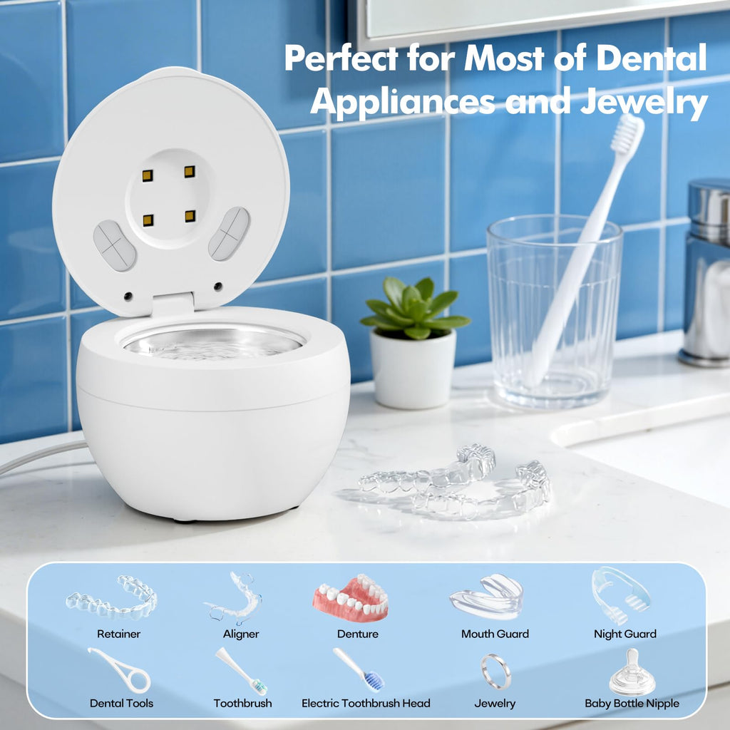 Upgraded Ultrasonic Retainer Cleaner Machine, 48kHz Ultrasonic Dentures Cleaner for Mouth Guards, Braces, Aligner, Toothbrush & Jewelry, 200ML Capacity, White