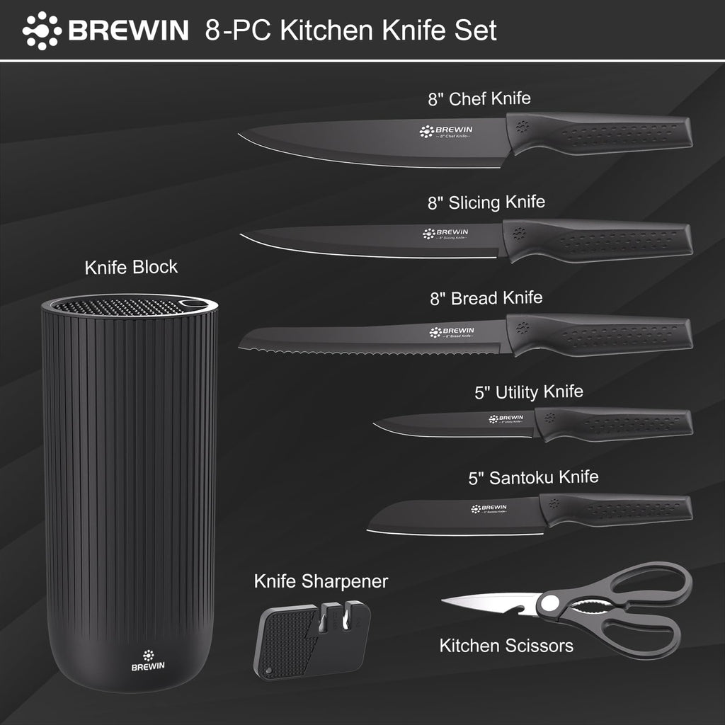 Brewin Knife Set, 8PC Kitchen Knife Set with Universal Block and Scissors