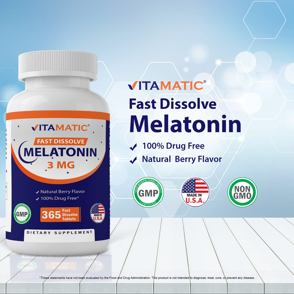 Vitamatic Melatonin 3mg Tablets | Vegetarian, Non-GMO, Gluten Free | 1 Year Supply | Natural Berry Flavor - 365 Tablets (Pack of 2)