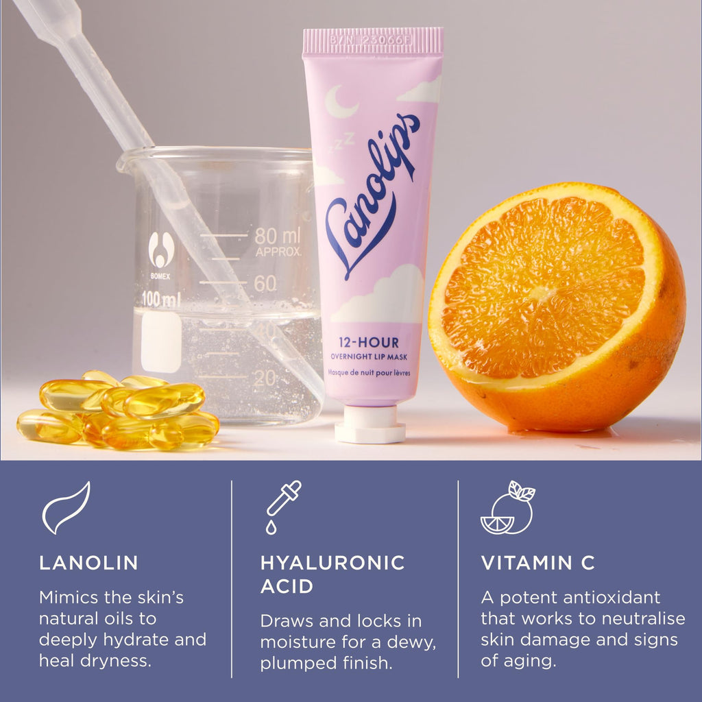 Lanolips 12 Hour Overnight Lip Mask - Rich Lanolin Lip Balm with Hyaluronic Acid, Vitamin C & Ceramides - Restore, Soften & Replenish While You Sleep - Cruelty-Free Hydrating Balm (0.52 oz / 15 g)
