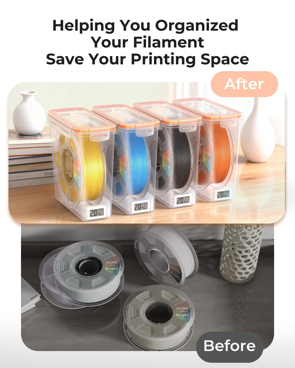YOOPAI Pro Filament Storage Box with Temperature & Humidity Monitor – Single Spool Airtight Filament Container, Visible Temperature & Humidity Display, Moisture & Dust Proof for 3D Printing(3 Pack)
