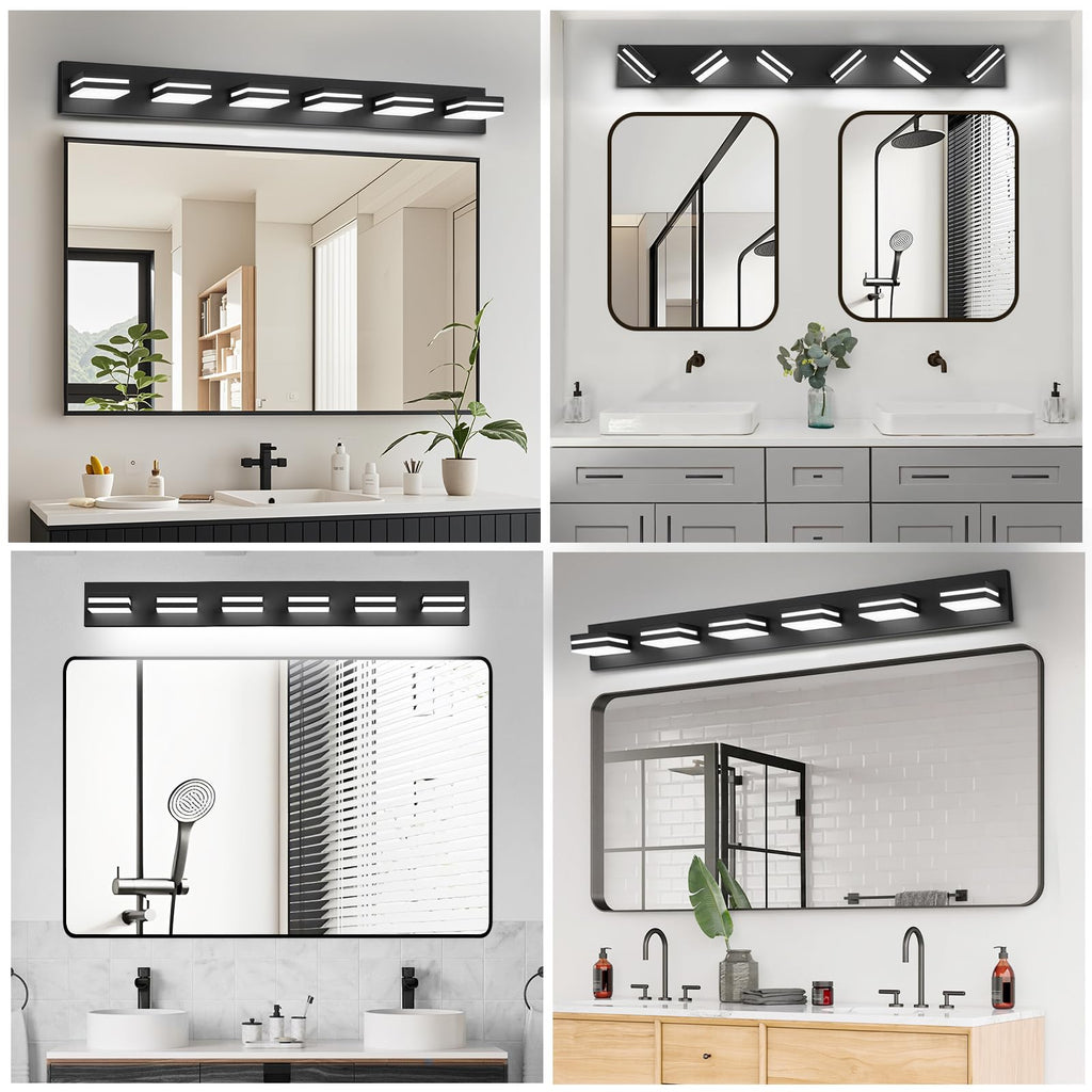 IZORRO LED Modern Bathroom Lights Fixtures(6-Light,Dimmable,360°Rotate),Matte Black Acrylic Wall Lighting,Vanity Lights for Bathroom Over Mirror - 6000k 36In （No Assembly Required）