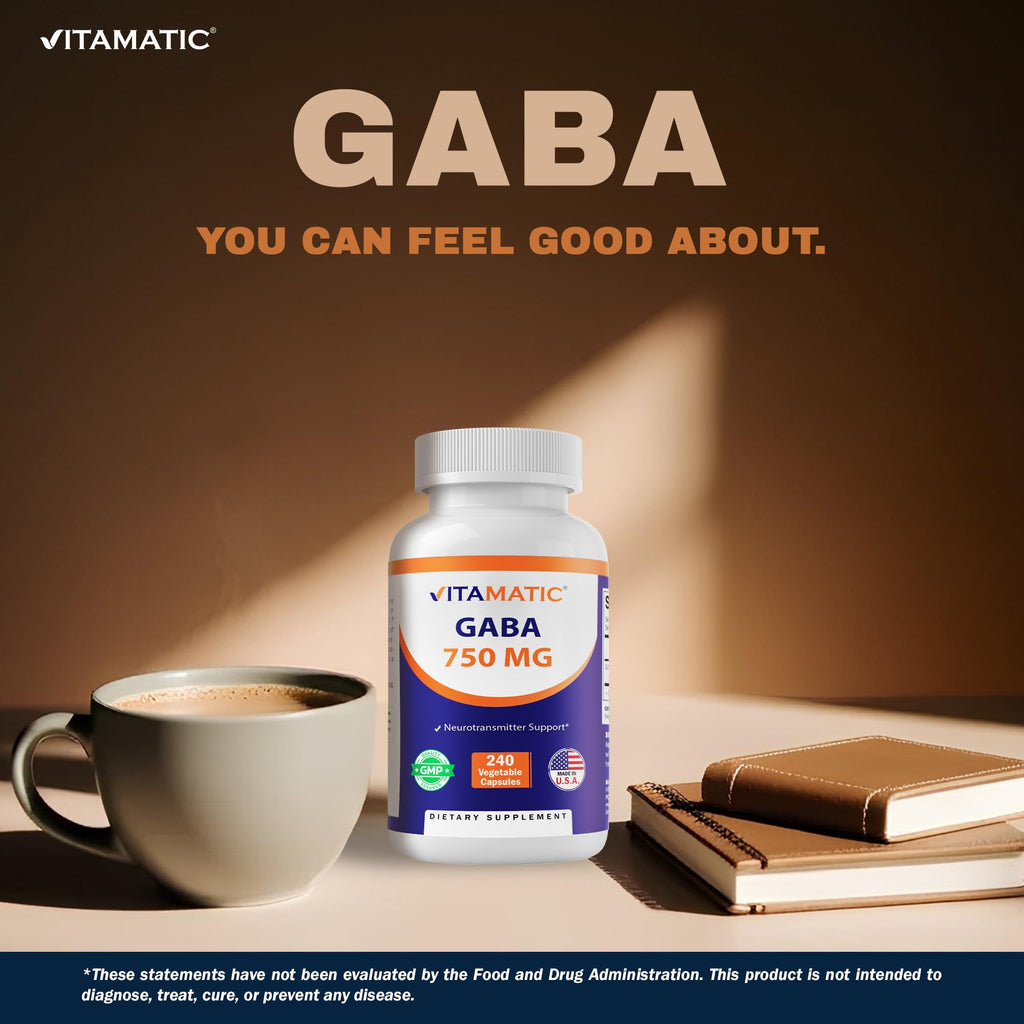 Vitamatic GABA (Gamma Aminobutyric Acid) 750mg, 240 Vegetable Capsules, 240 Servings - Non-GMO, Gluten Free