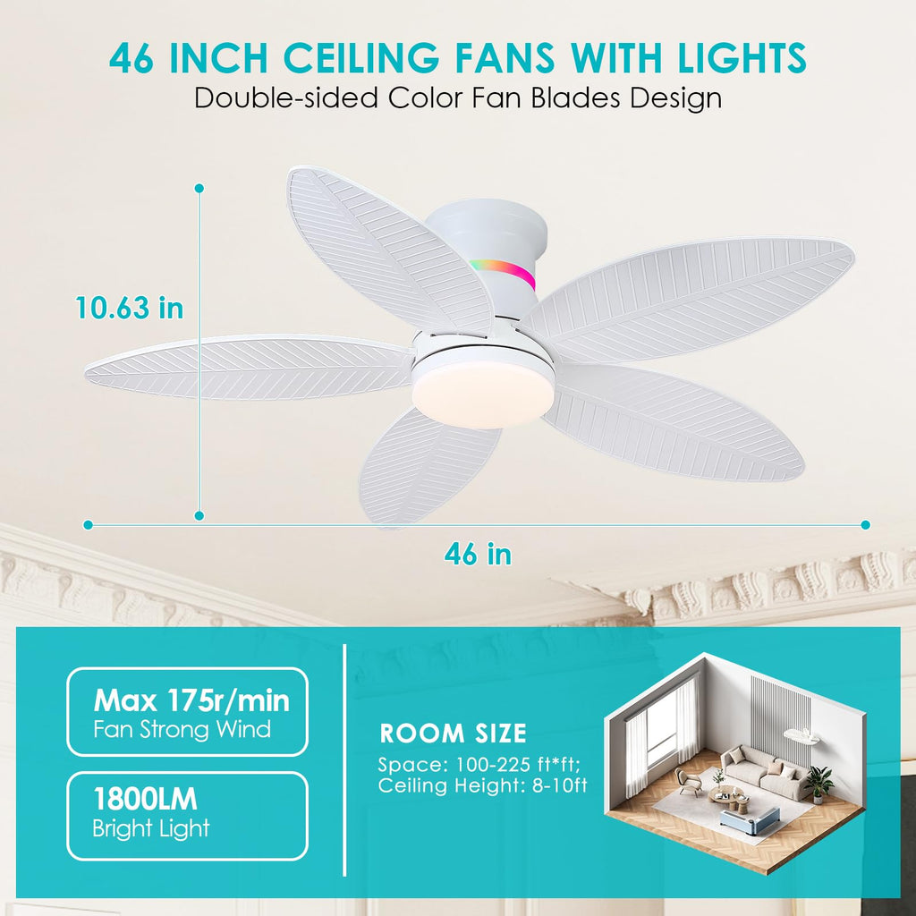 Surtime 46" White Ceiling Fans with RGB Lights - Flush Mount Ceiling Fan Light with LED 3CCT Dimmable, Tropical Palm Leaf Ceiling Fans for Indoor Party,Covered Outdoor