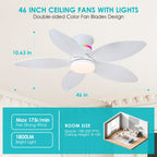 Surtime 46" White Ceiling Fans with RGB Lights - Flush Mount Ceiling Fan Light with LED 3CCT Dimmable, Tropical Palm Leaf Ceiling Fans for Indoor Party,Covered Outdoor
