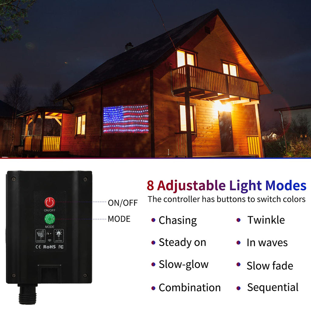 XTF2015 Solar American Flag Lights, 2 in 1 Solar Powered & Plug in American Flag Light, 420 LED Waterproof Patriotic Ornaments for Memorial Day, Independence Day, 4th of July, Party, Yard Decorations