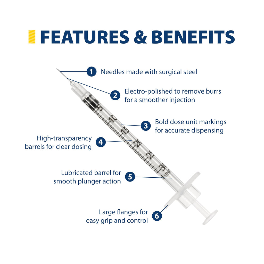Easy Touch 31 Gauge U-100 Insulin Syringes (31G 0.3cc 5/16”) with 5/16” Short Needle, 0.3cc (30 Unit Capacity), Bold Markings for Accurate Dosing, Disposable, Box of 100