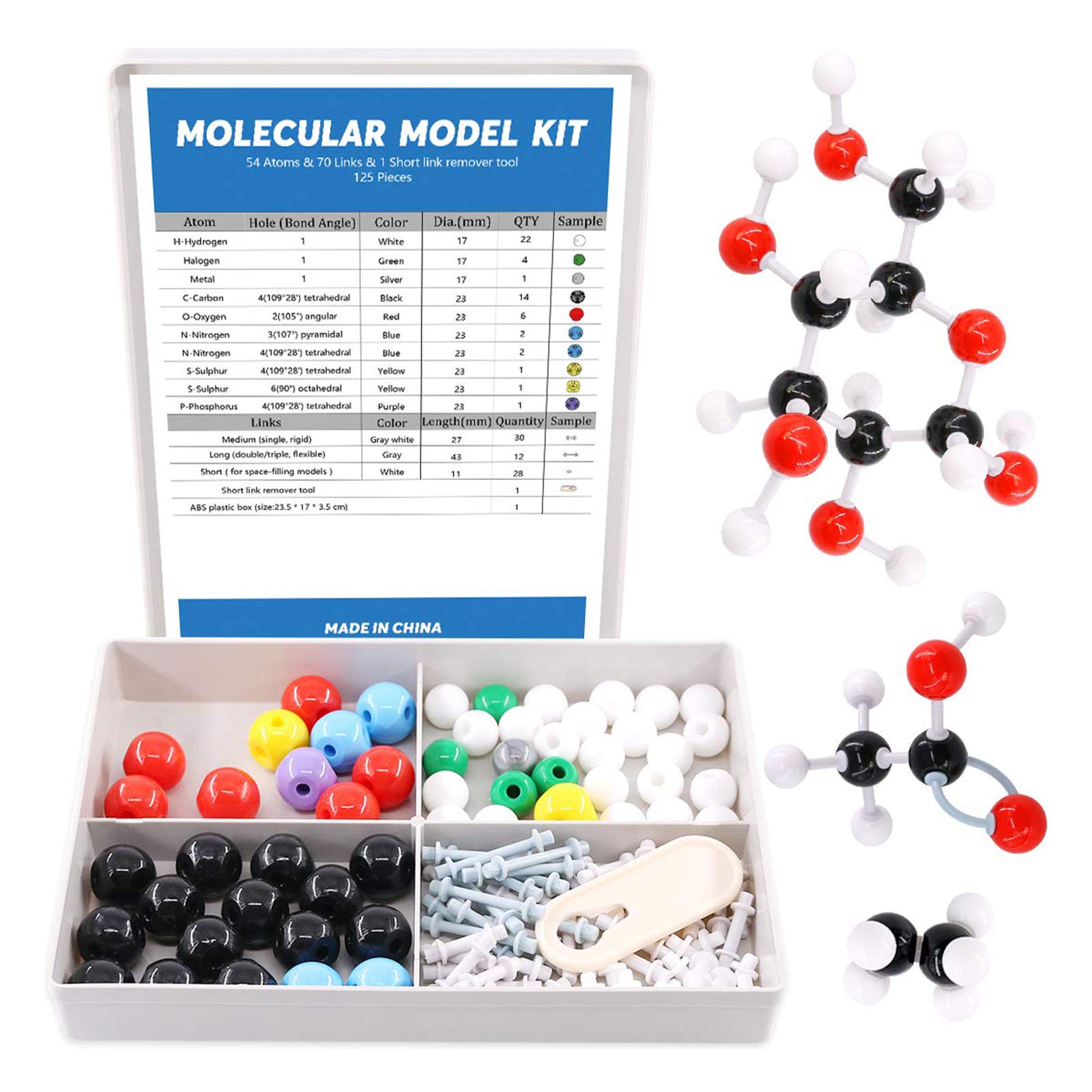 Swpeet 125 Pcs Molecular Model Kit for Inorganic & Organic Molecular Model Teacher and 16 Years and Over Student Kit - 54 Atoms & 70 Links & 1 Short Link Remover Tool - Science Toys