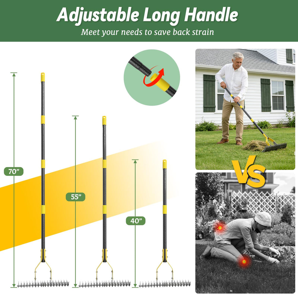 Thatch Rake, 15-Inch Wide Manual Dethatcher Rake for Cleaning Dead Grass, Loosening Soil, 55" Efficient Steel Metal Dethatching Rake with Long Adjustable Handle, Thatch Rakes for Lawns, Yard, Garden