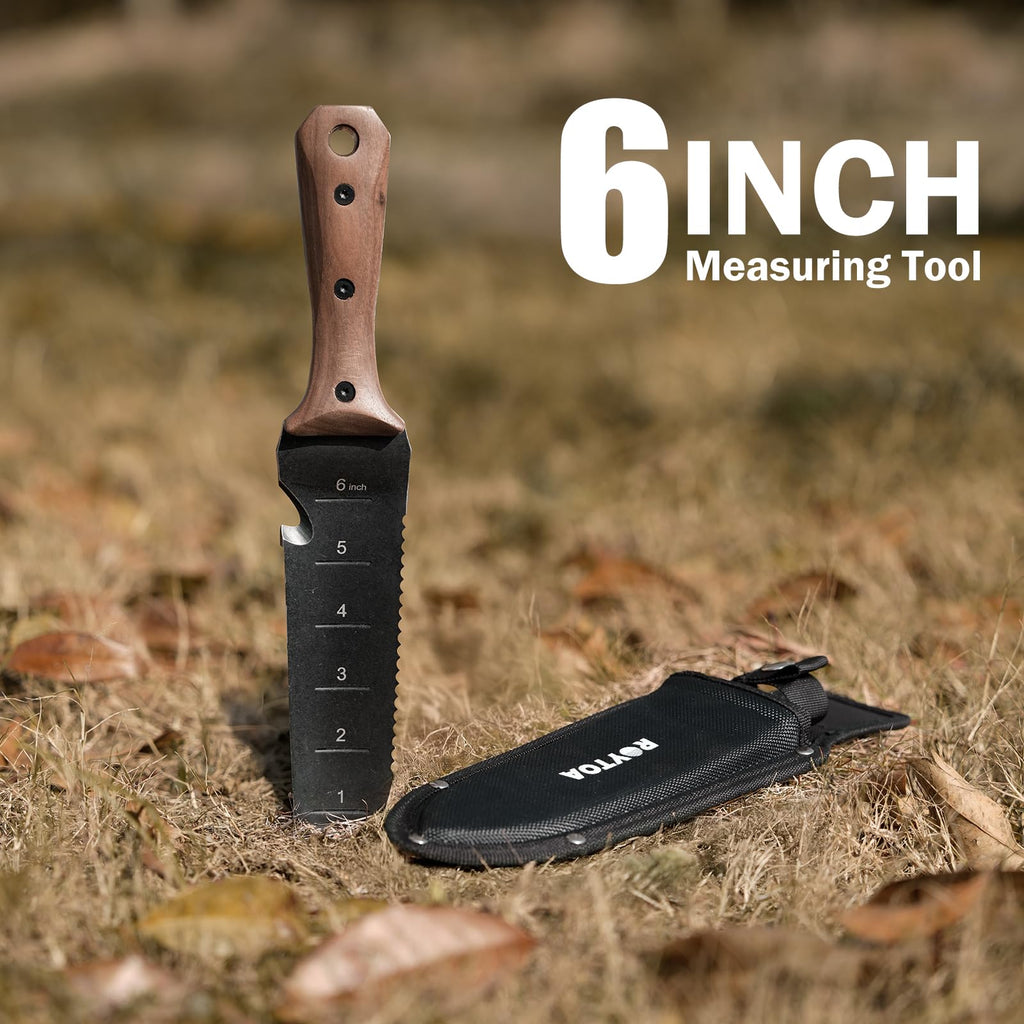 ROYTOA Hori Hori Garden Knife, Garden Tools with Sheath for Weeding,Planting,Digging, 7" Stainless Steel Blade with Cutting Edge, Full-Tang Walnut Wood Handle with Hanging Hole