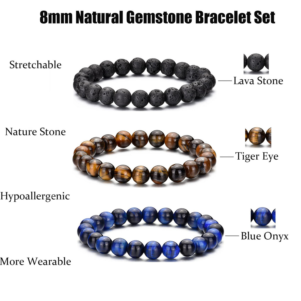 RANKEEF Tiger Eye Bracelet For Men 8MM Natural Stone Beads Bracelet Set Stretch Lava Rock Bracelets Adjustable Black Crystal Beaded Bracelet for Men Women Gifts